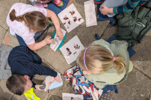 Children laying seaweed out on their cotton squares