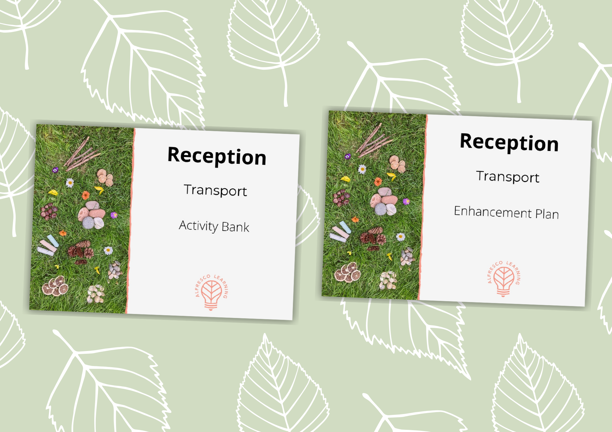 Two front covers for a Reception unit of outdoor planning all about Transport, featuring an Activity Bank and Enhancement Plan