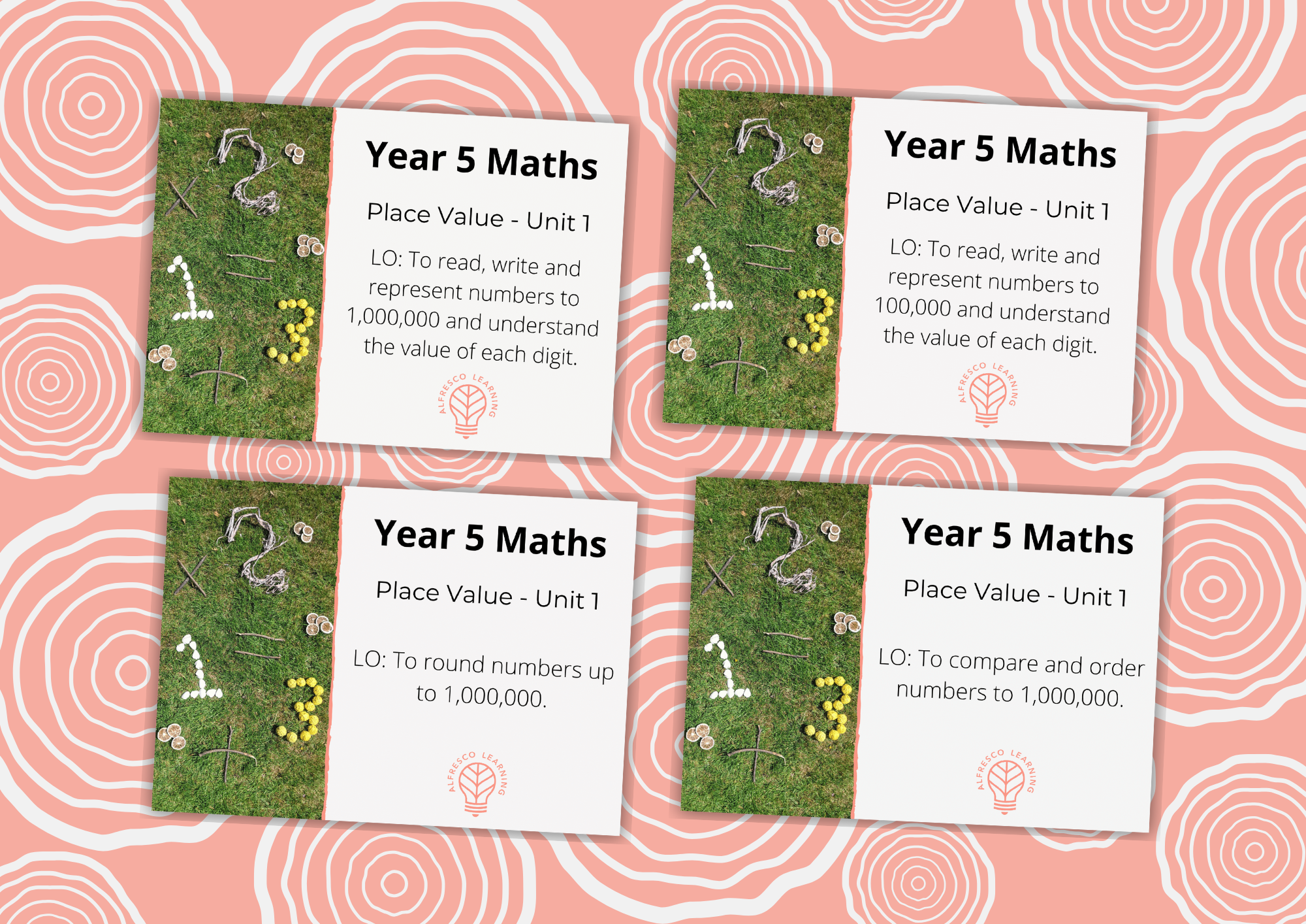 Four front covers of maths outdoor lesson planning for Year 5, Place Value Unit 1.