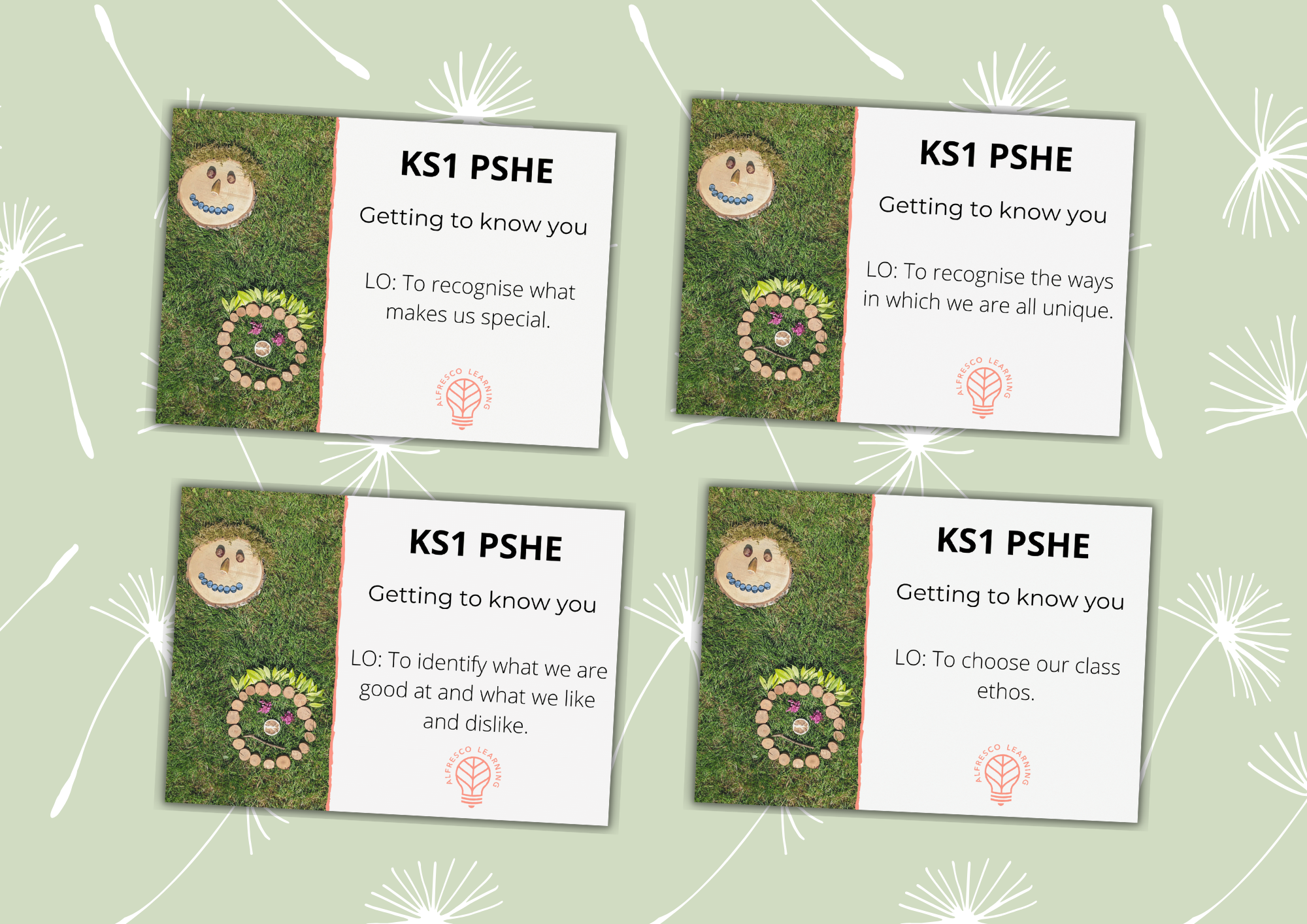 Four front covers of KS1 PSHE outdoor lessons on Getting to Know You
