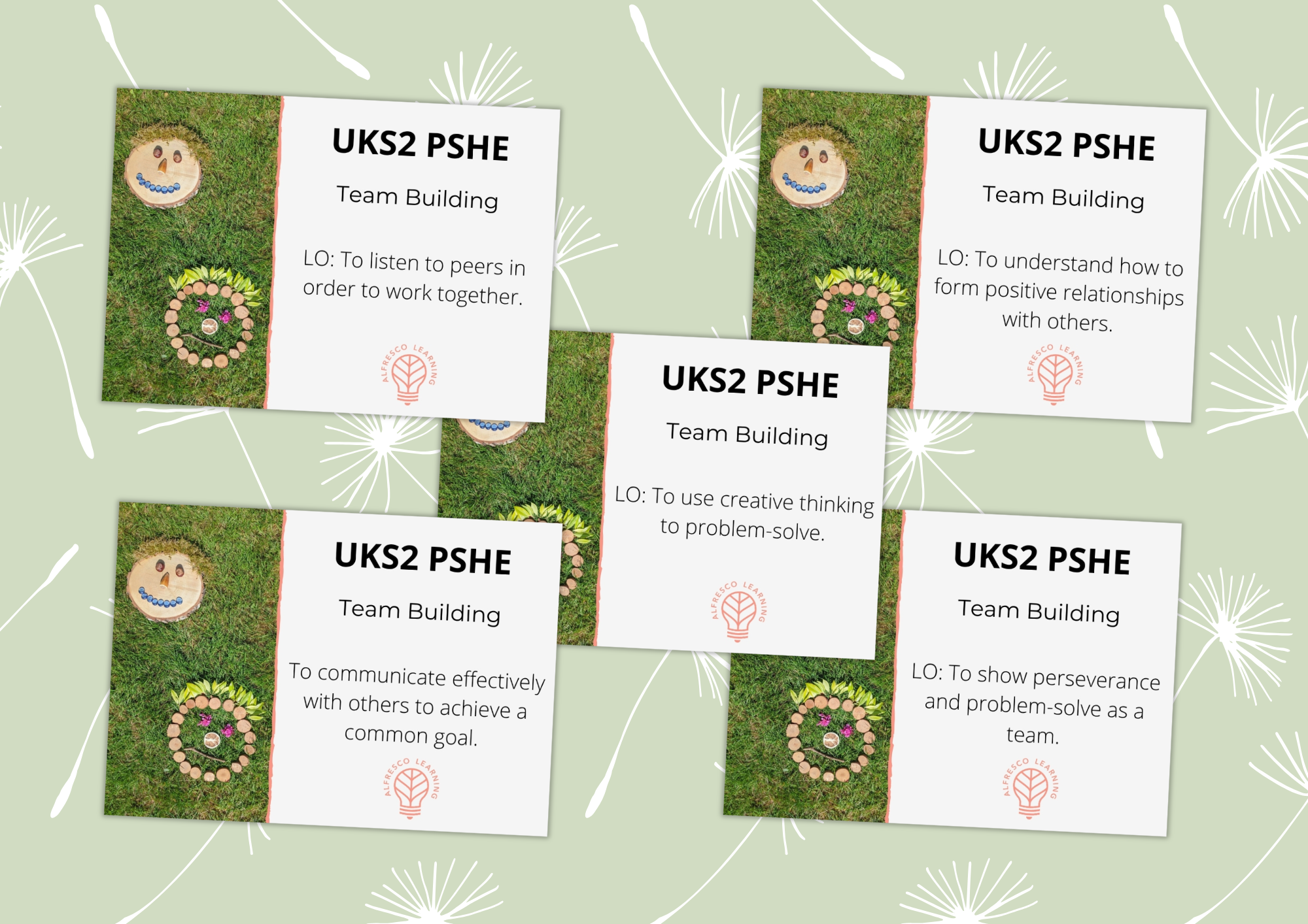 Set of 5 front covers of outdoor lesson plans for a UKS2 PSHE Unit on Team Building