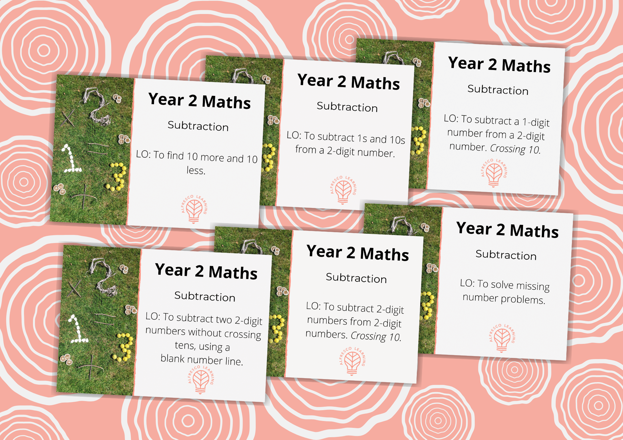 Six cover images of a unit of maths lesson plans for Year 2 subtraction for the outdoors