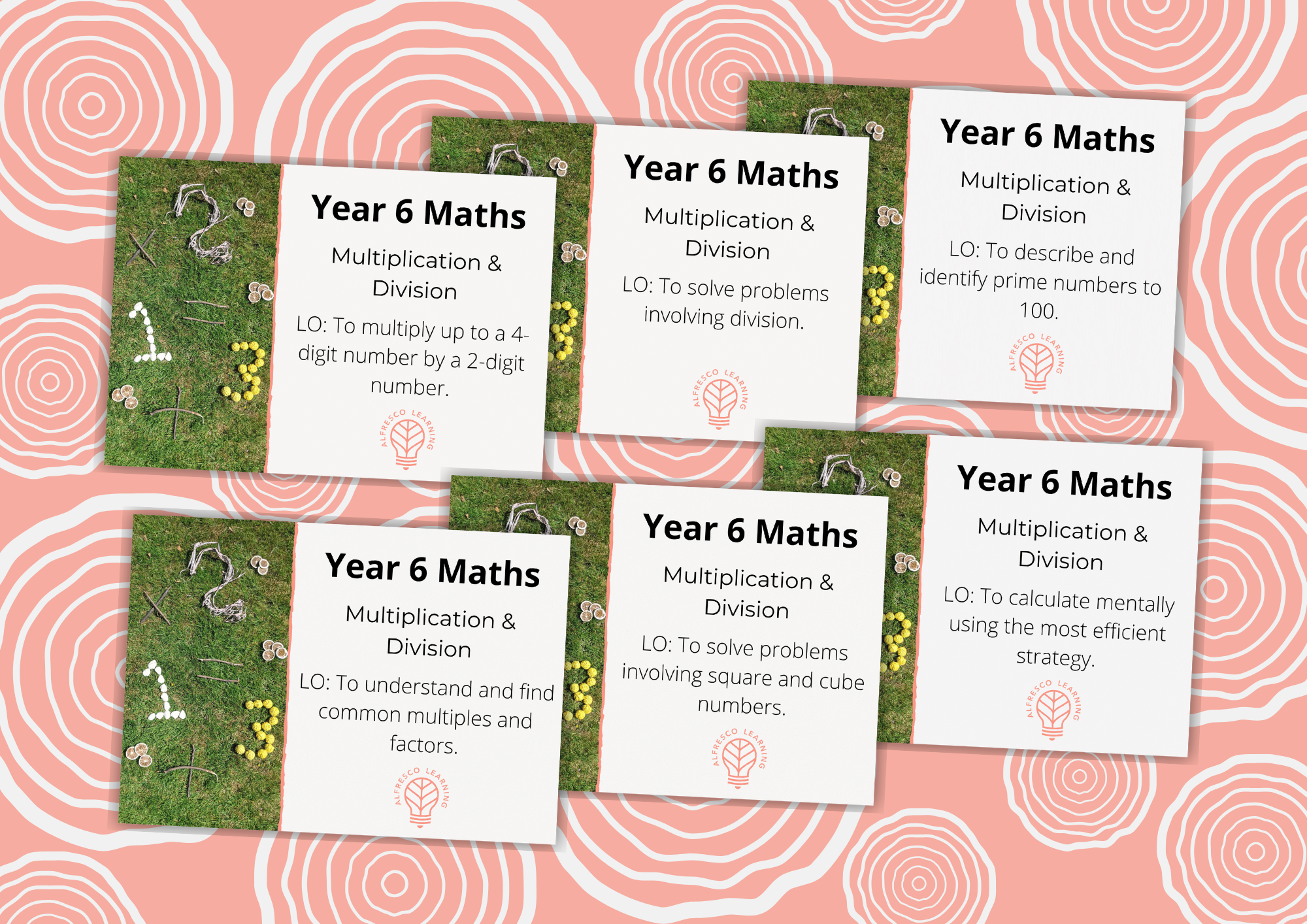 Image showing 6 front covers of a Year 6 unit of outdoor maths on multiplication and division