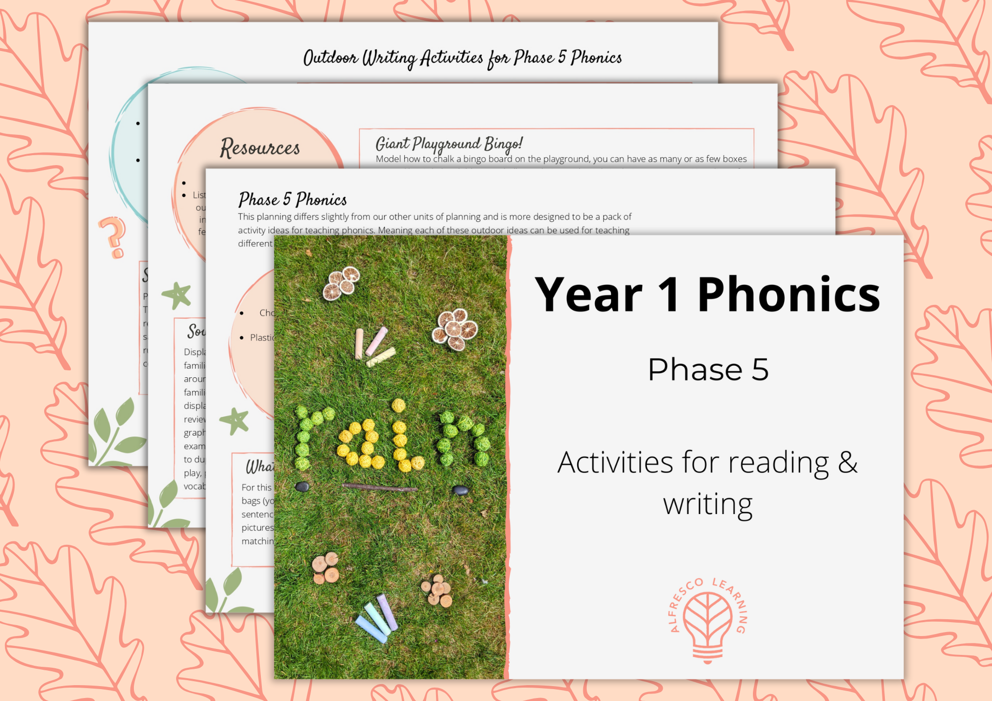 cover image with pages behind taken from a Year 1 phase 5 phonics outdoor activity pack
