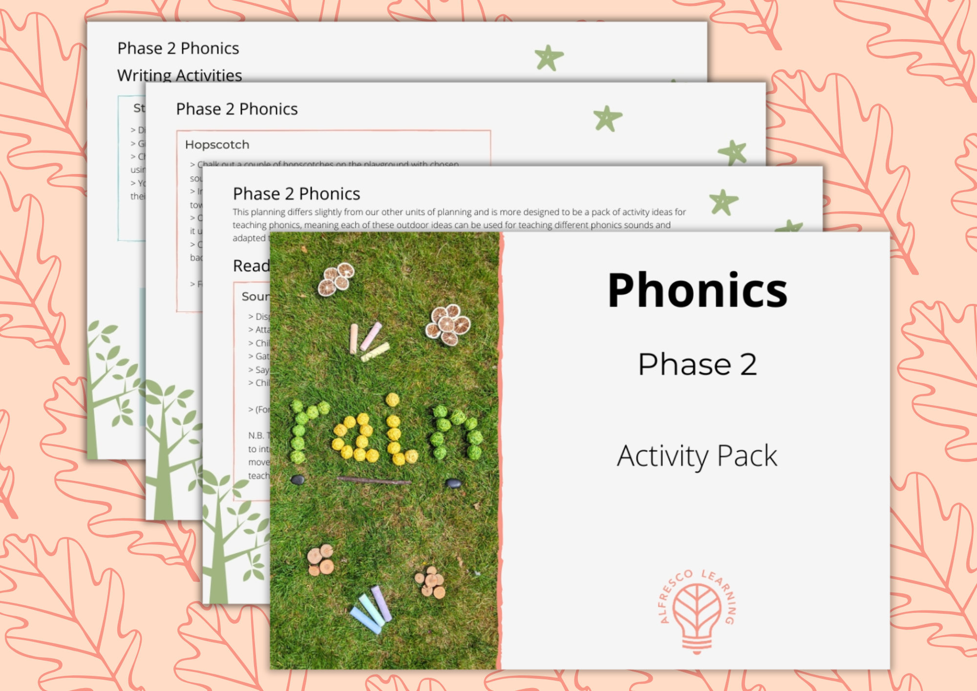 A picture of papers from a phase 2 phonics activity pack