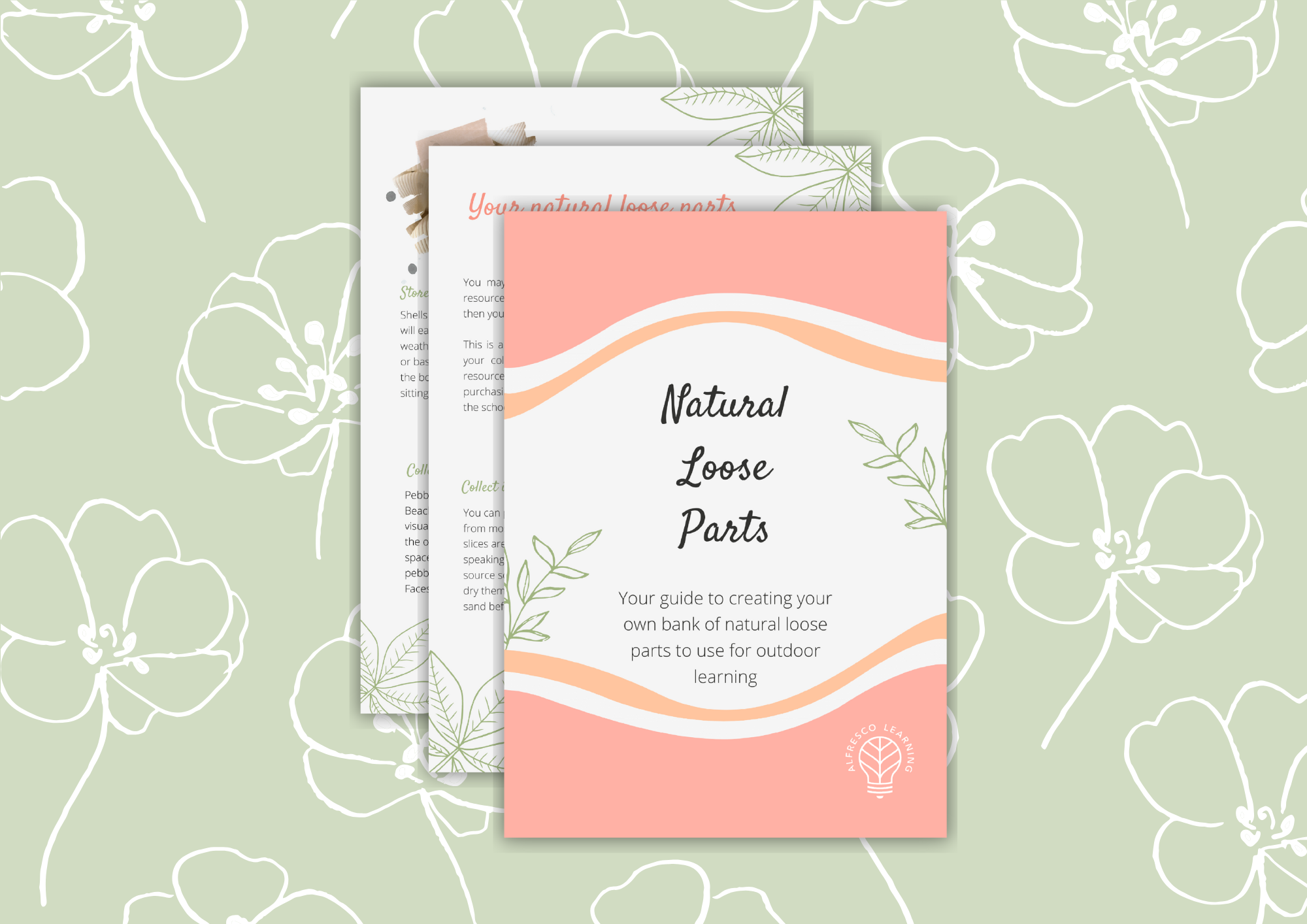 Front cover layered over 2 pages from inside a guide for teachers on natural loose parts