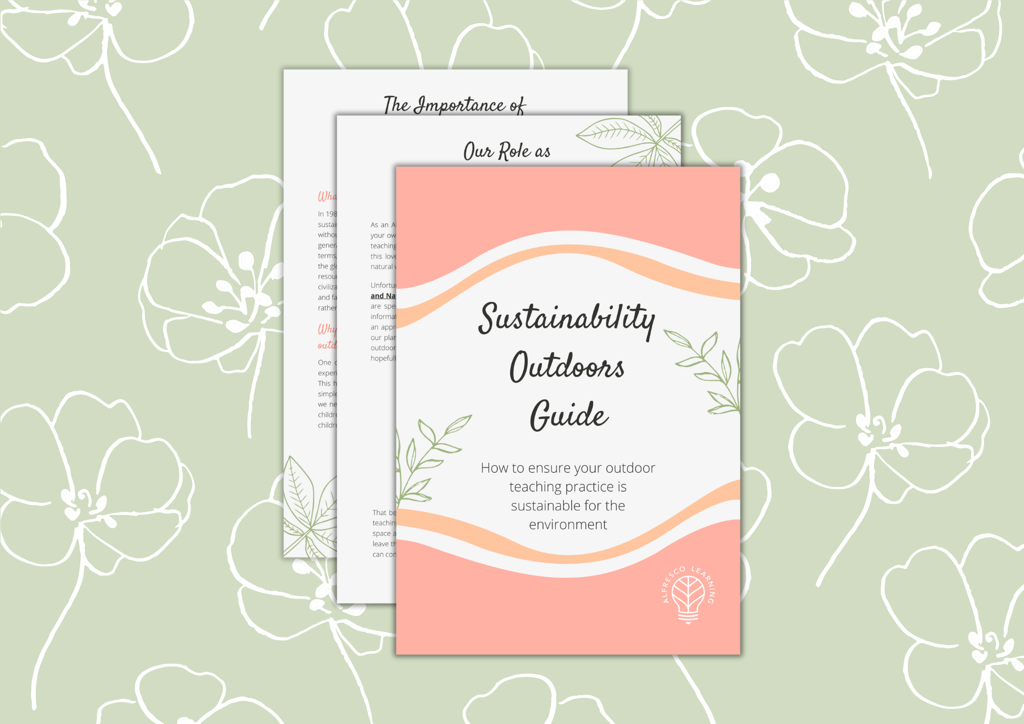 Cover page of a sustainability outdoors guide with the first two pages shown behind it