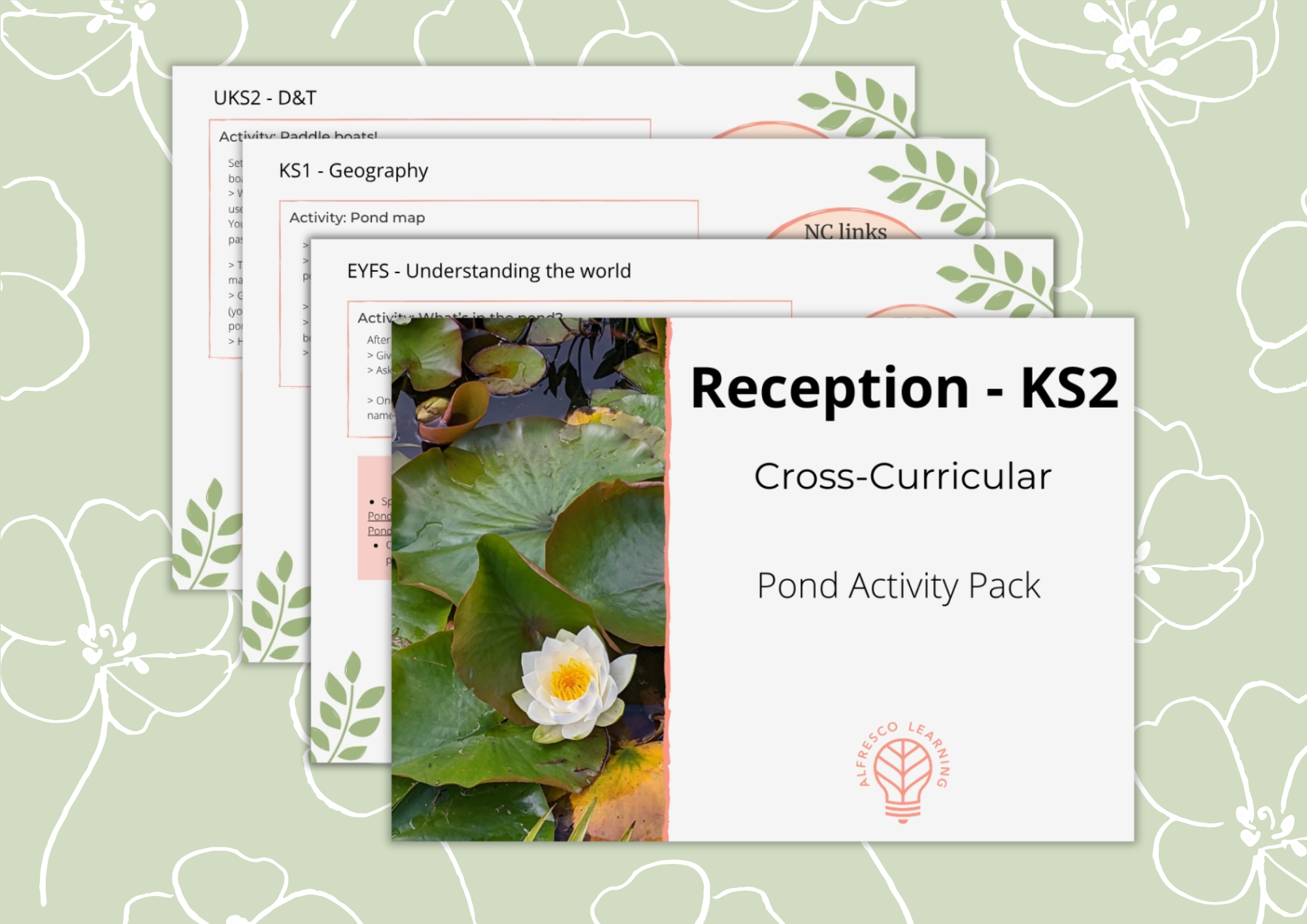 Four pages, including front cover taken from an activity pack for ponds