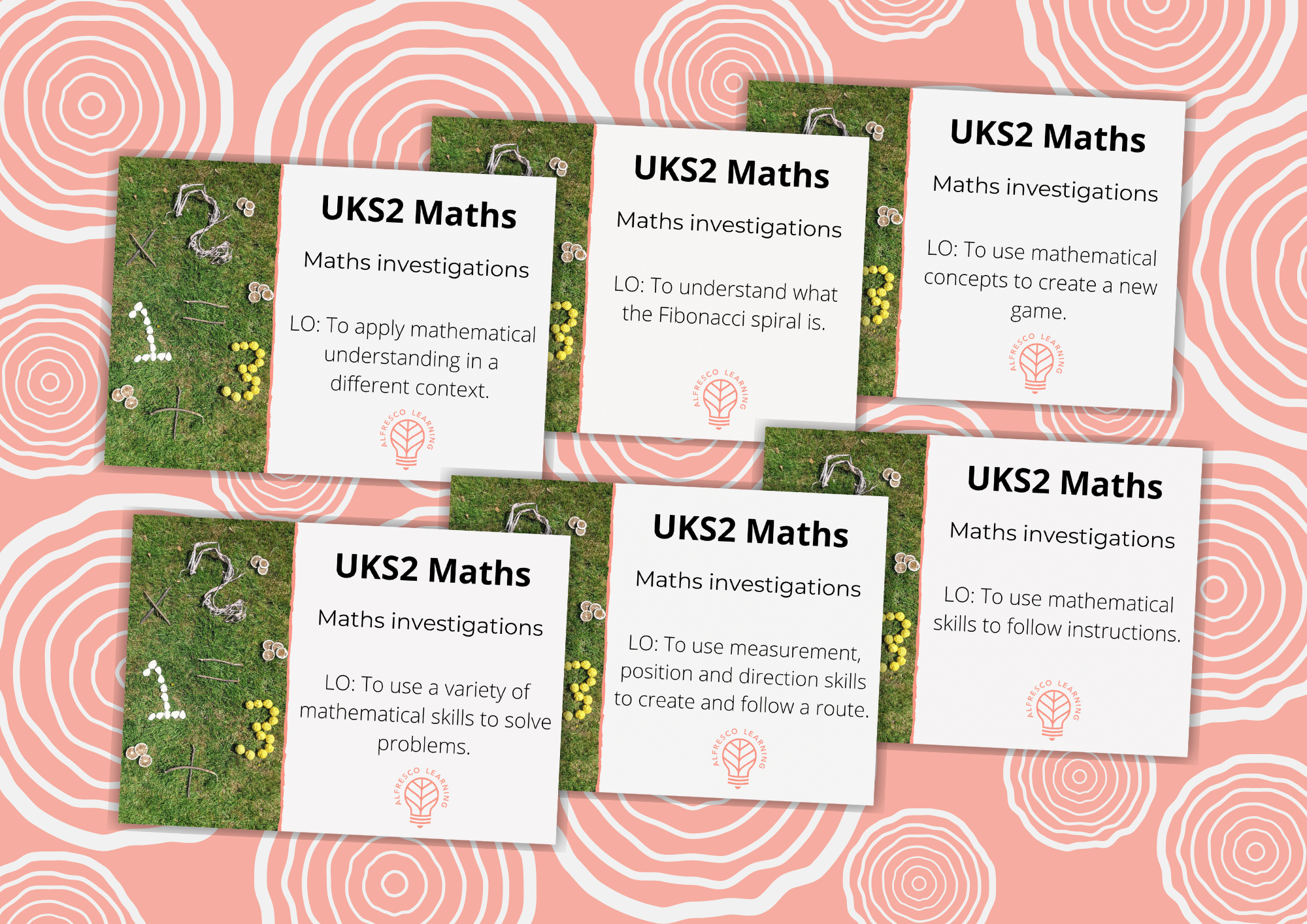 6 front covers of outdoor lesson plans from a unit based on UKS2 maths investigations