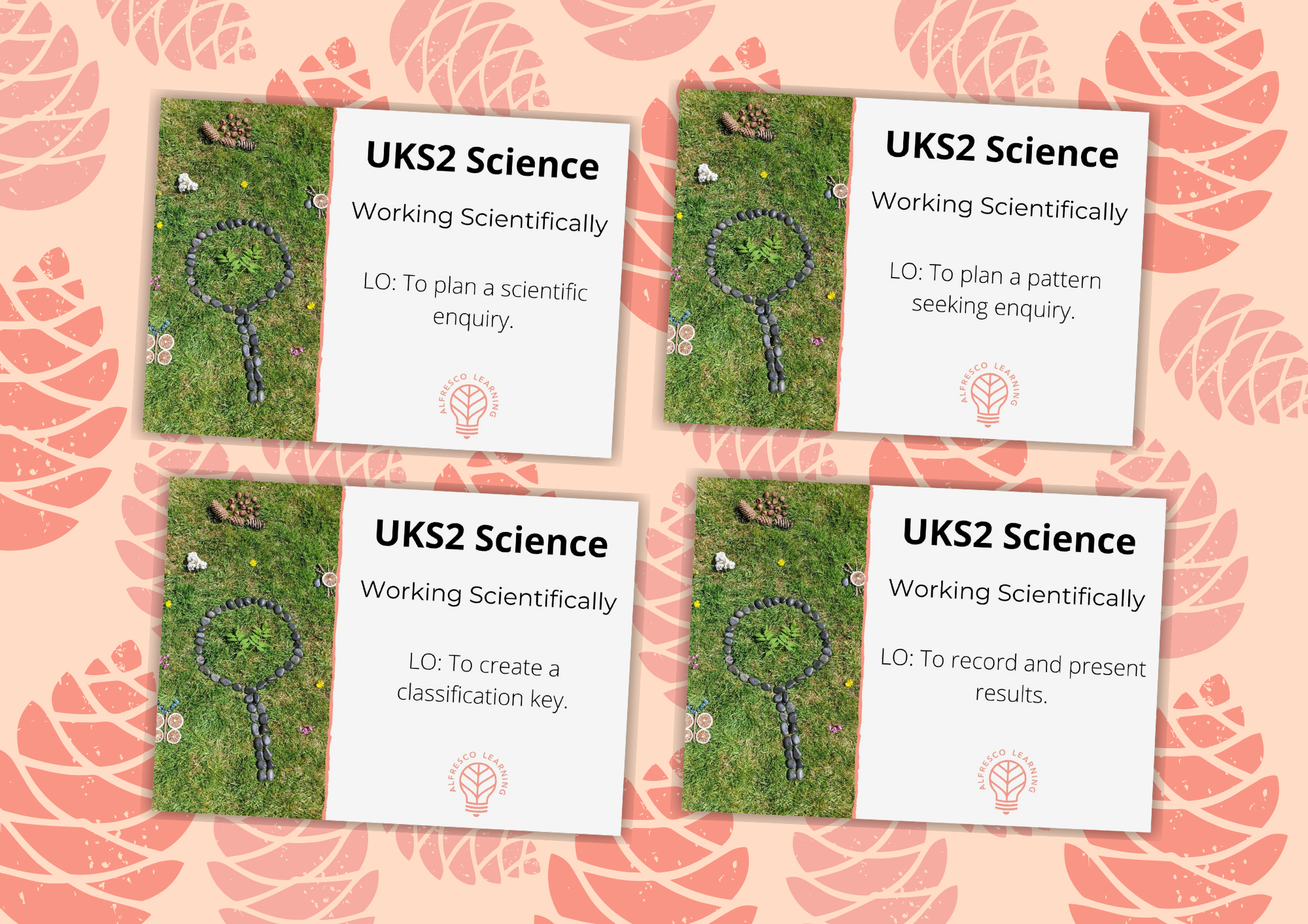 Four front cover pages from an outdoor unit based on UKS2 working scientifically skills