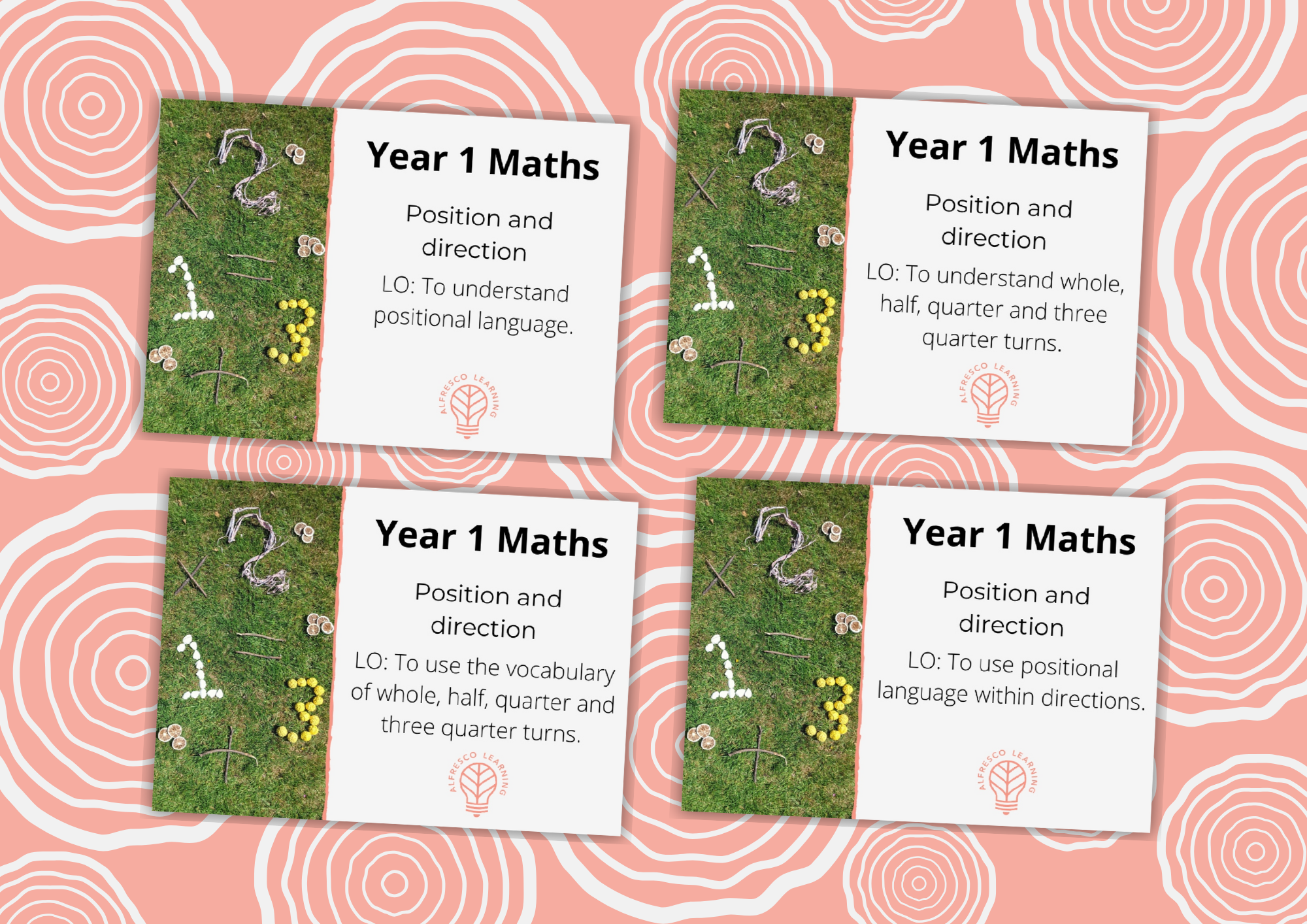 Four lesson plan covers for a Year 1 maths unit of outdoor learning on position and direction