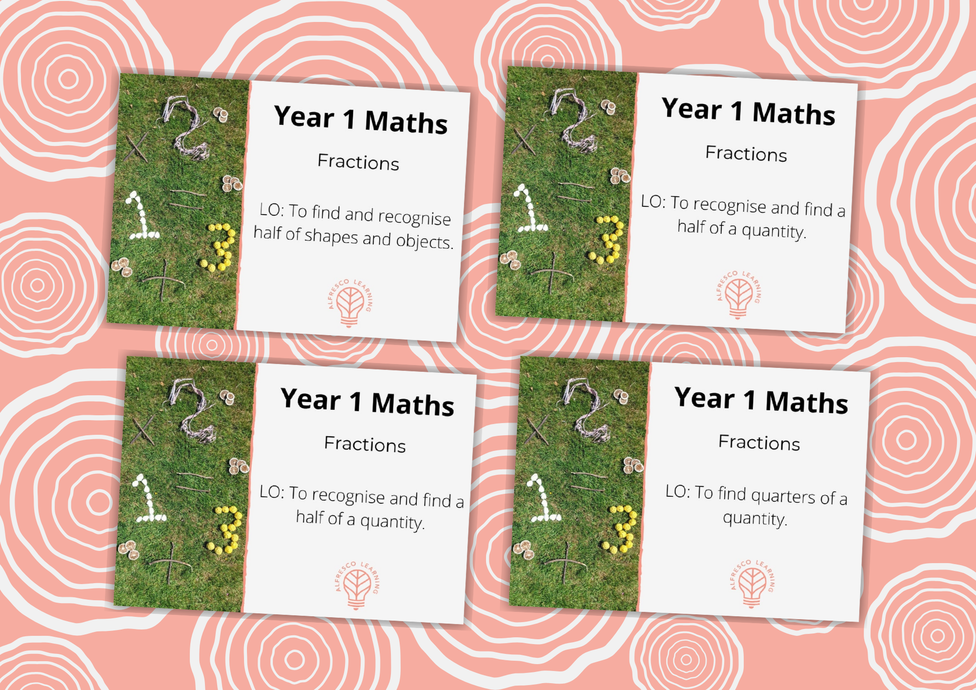 A unit of Year 1 maths on fractions with 4 front covers of outdoor lesson plans.