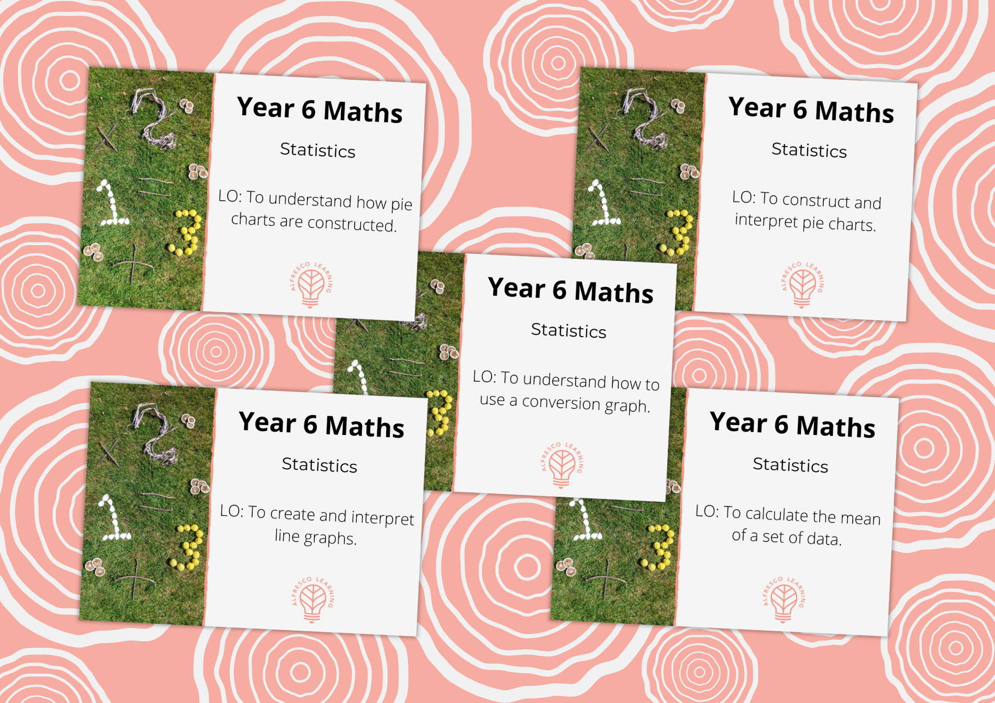 Five lesson plan front covers for a set of Year 6 maths lessons on statistics, to take learning outdoors.