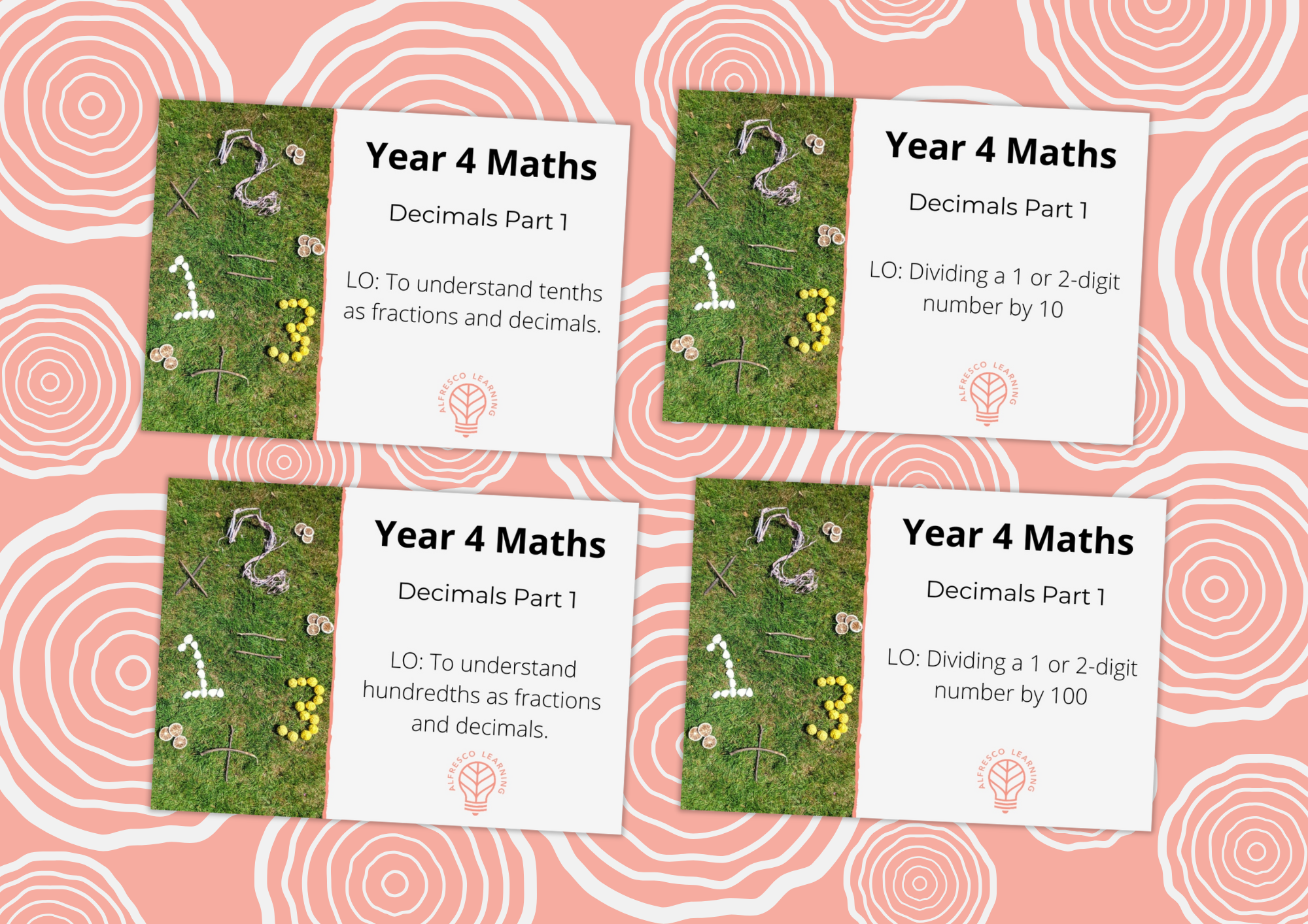 This is an image with four lesson plan front covers for a Year 4 unit of work on decimals, part 1. The plans are for outdoor learning.
