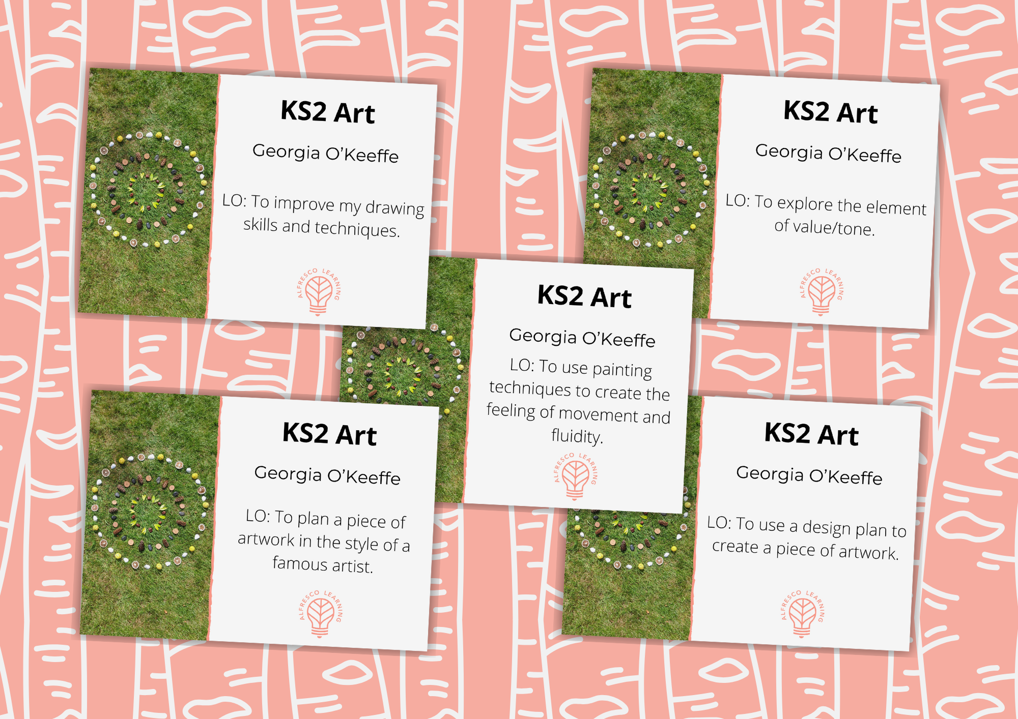 Five front covers of KS2 outdoor art lessons on the artist Georgia O'Keeffe