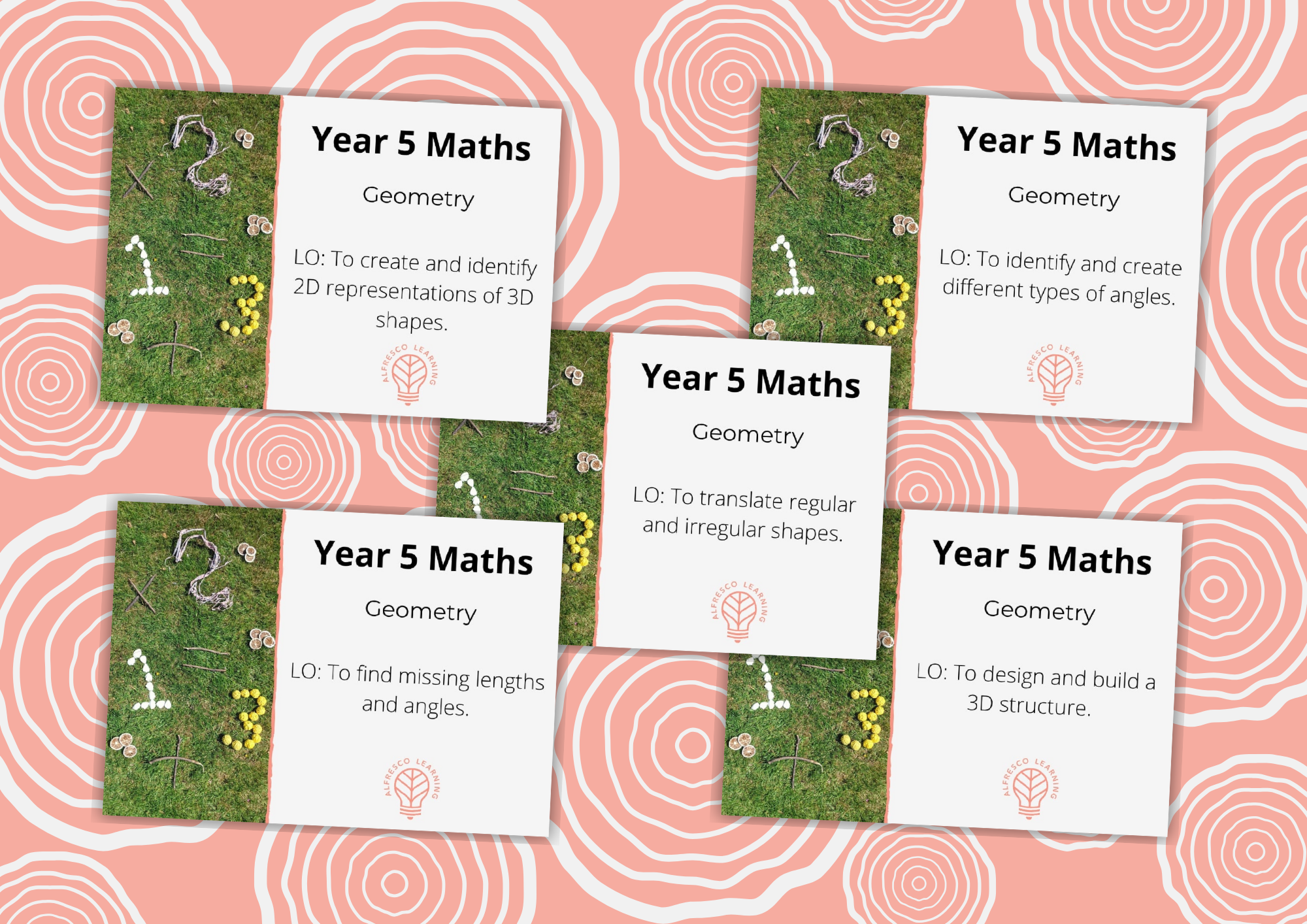 The front covers of five outdoor lessons for Year 5 maths, Geometry