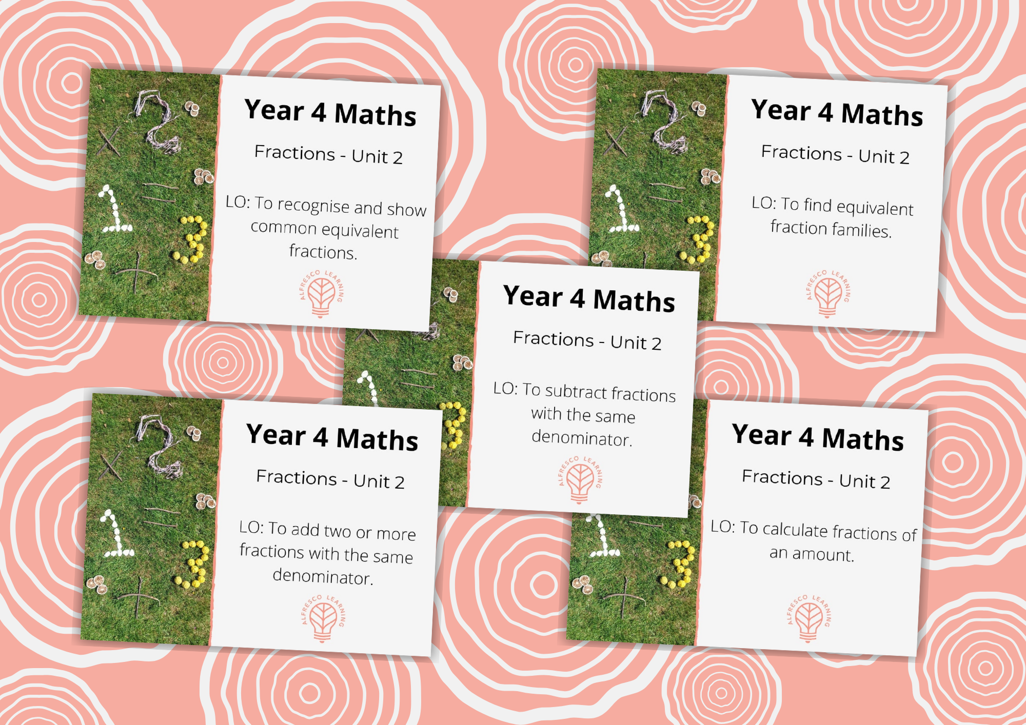 Five front covers of Y4 outdoor maths lessons on fractions, unit 2.