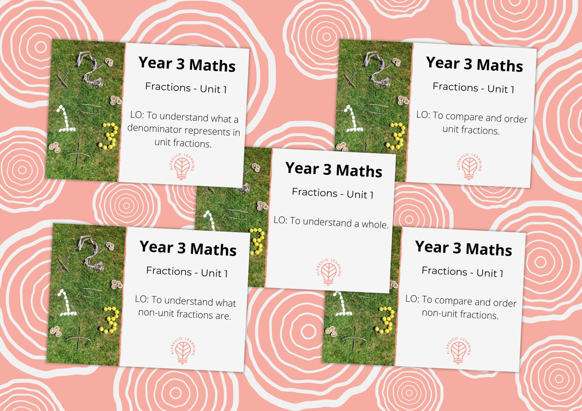 A set of 5 front covers for Year 3 lessons on Fractions, unit 1 for lessons outdoors.