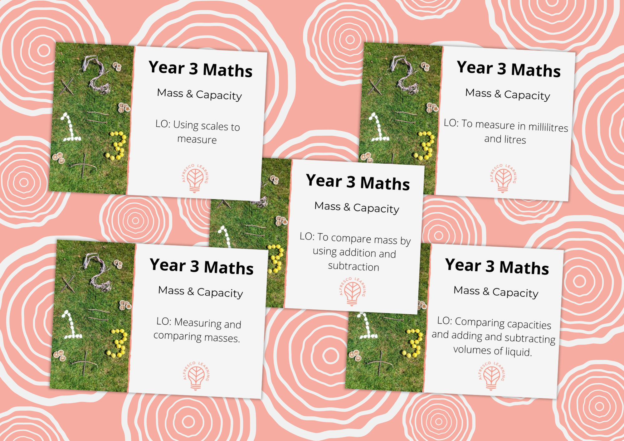A set of 5 lesson front covers for an outdoor Y3 maths unit on mass and capacity.