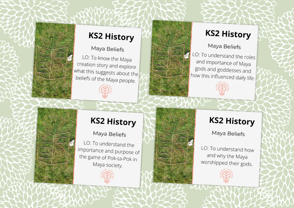 4 images showing front covers for a unit of lessons based on Maya beliefs