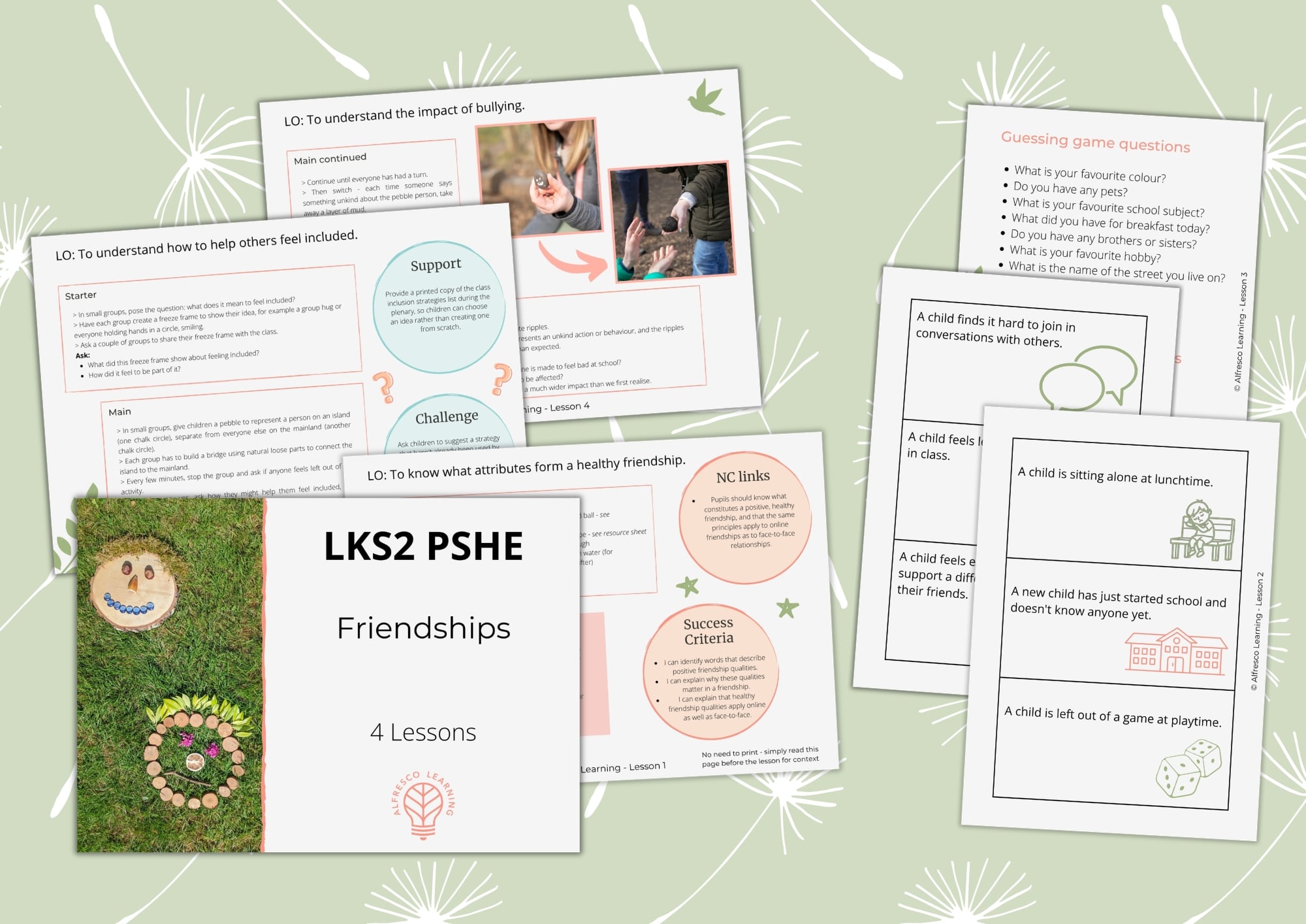 Sample of planning pages and resource sheets from a set of outdoor lessons focused on friendships in LKS2
