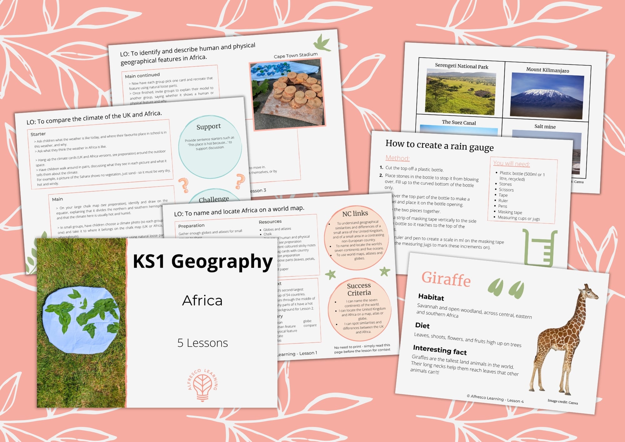 a collection of planning pages and resource sheets from a unit of lessons on KS1 Geography, Africa