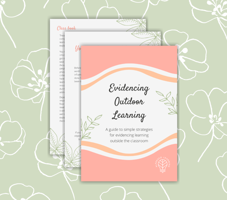 Image showing front cover and a couple of inside pages from a guide for teachers on evidencing outdoor learning