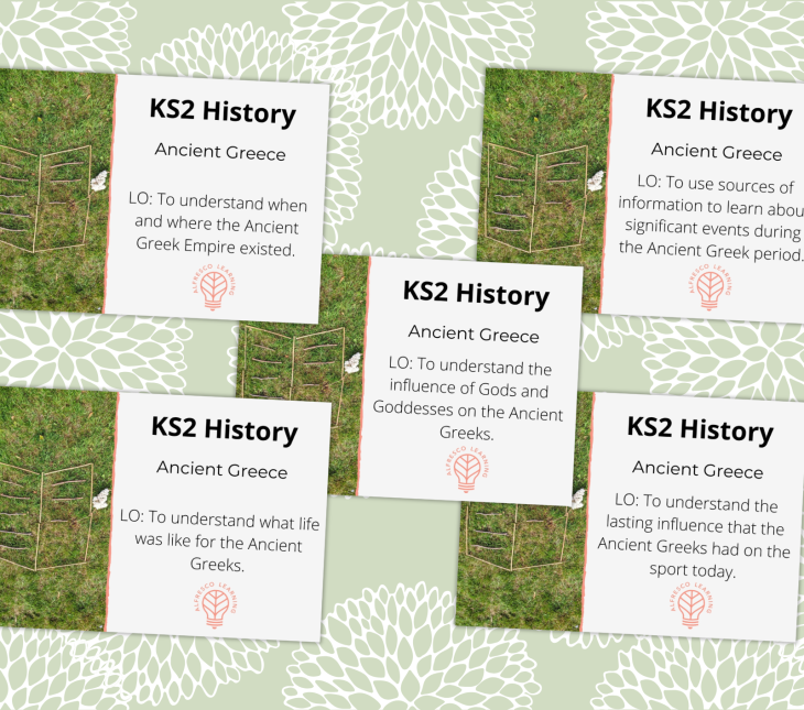 Five cover images to show a unit of outdoor lessons on Ancient Greece for ks2