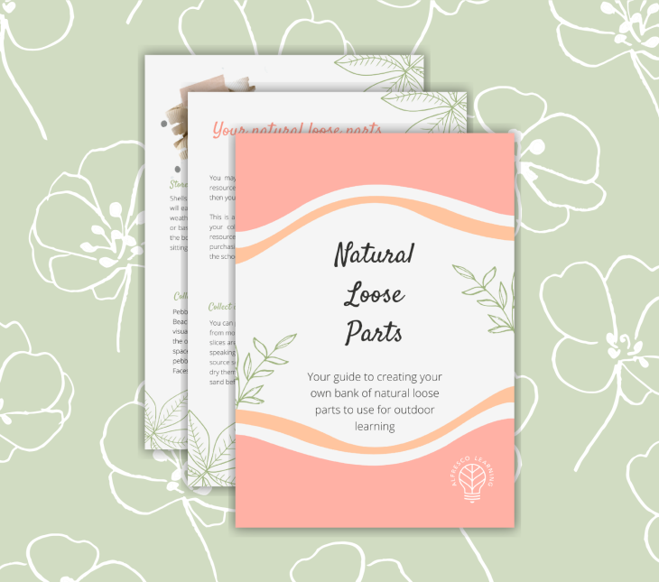 Front cover layered over 2 pages from inside a guide for teachers on natural loose parts