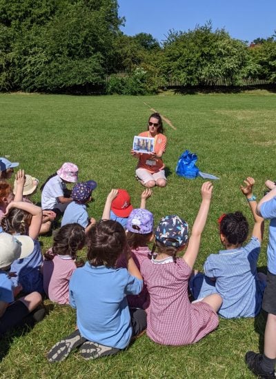 A woman leading a castles workshop in front of a class of children on the grass