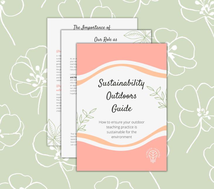 Cover page of a sustainability outdoors guide with the first two pages shown behind it