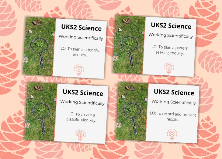 Four front cover pages from an outdoor unit based on UKS2 working scientifically skills