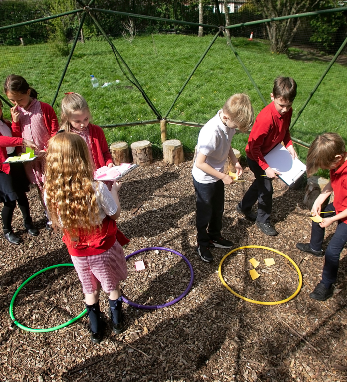 A class of primary children learning the curriculum outdoors