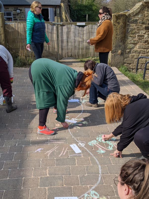 Teachers drawing a story map on the ground with chalk