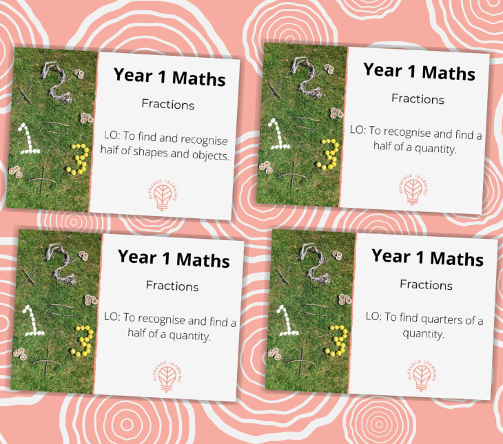 A unit of Year 1 maths on fractions with 4 front covers of outdoor lesson plans.