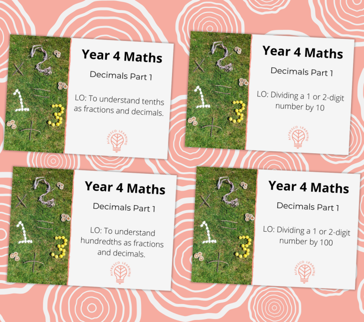 This is an image with four lesson plan front covers for a Year 4 unit of work on decimals, part 1. The plans are for outdoor learning.