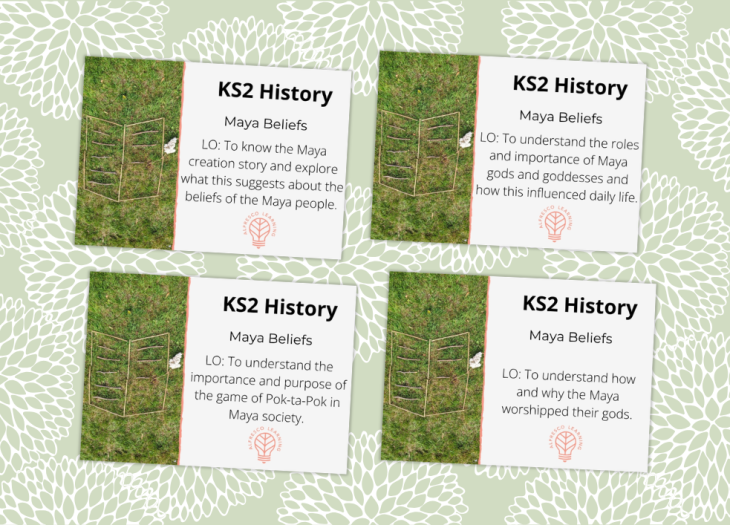 4 images showing front covers for a unit of lessons based on Maya beliefs