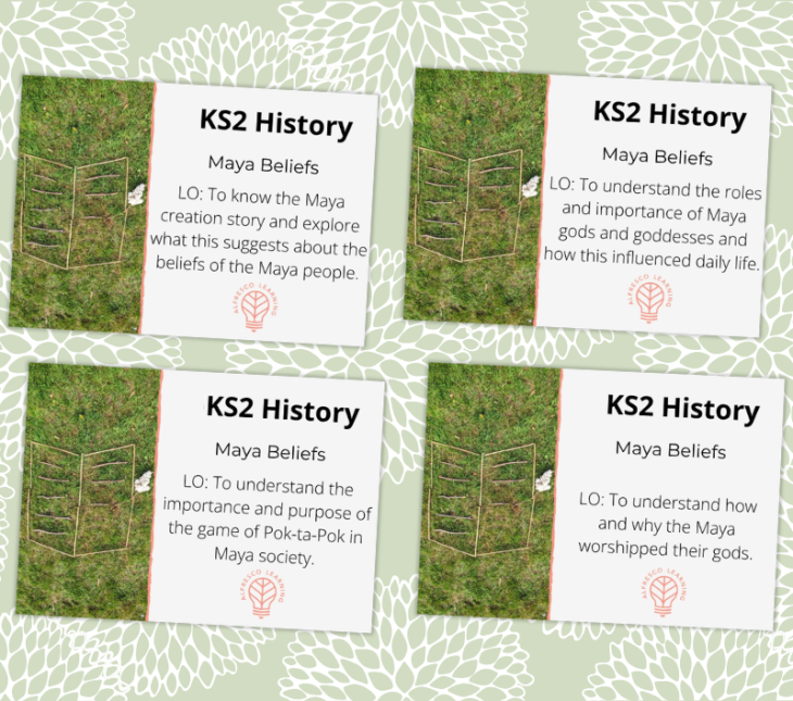 4 images showing front covers for a unit of lessons based on Maya beliefs