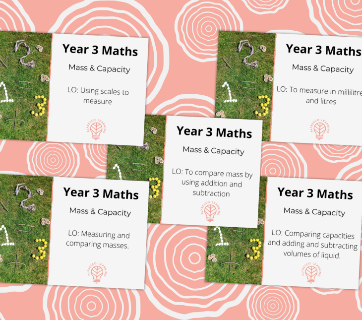 A set of 5 lesson front covers for an outdoor Y3 maths unit on mass and capacity.