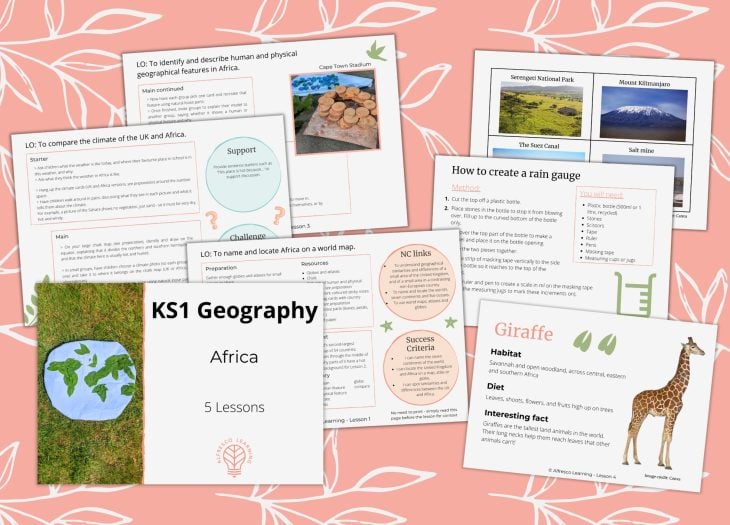 a collection of planning pages and resource sheets from a unit of lessons on KS1 Geography, Africa