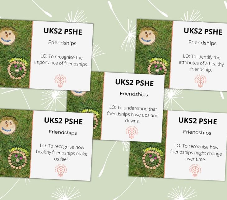 5 cover images for a unit of outdoor pshe planning on UKS2 friendships